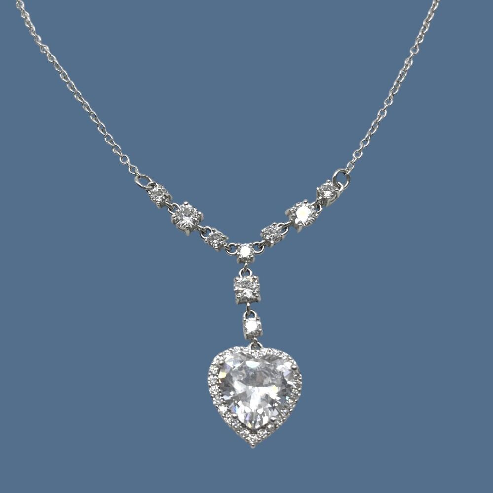 Cubic Zirconia Heart Necklace Silver Tone Sparkling Pendant Y Drop Elegant CZ